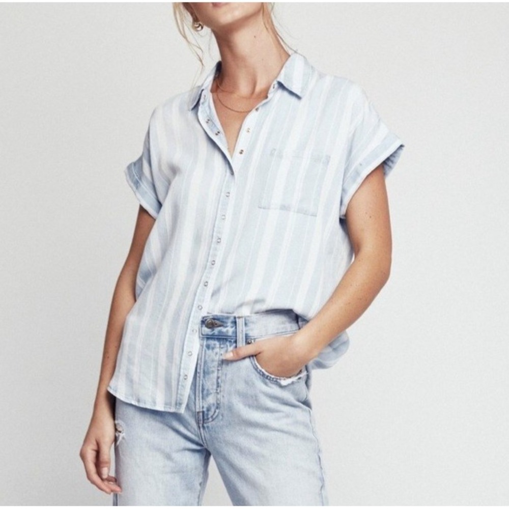 PISTOLA Blue/White Stripes TENCEL Button-Up ROLLED CUFF Pocket BLOUSE/TOP Sz S